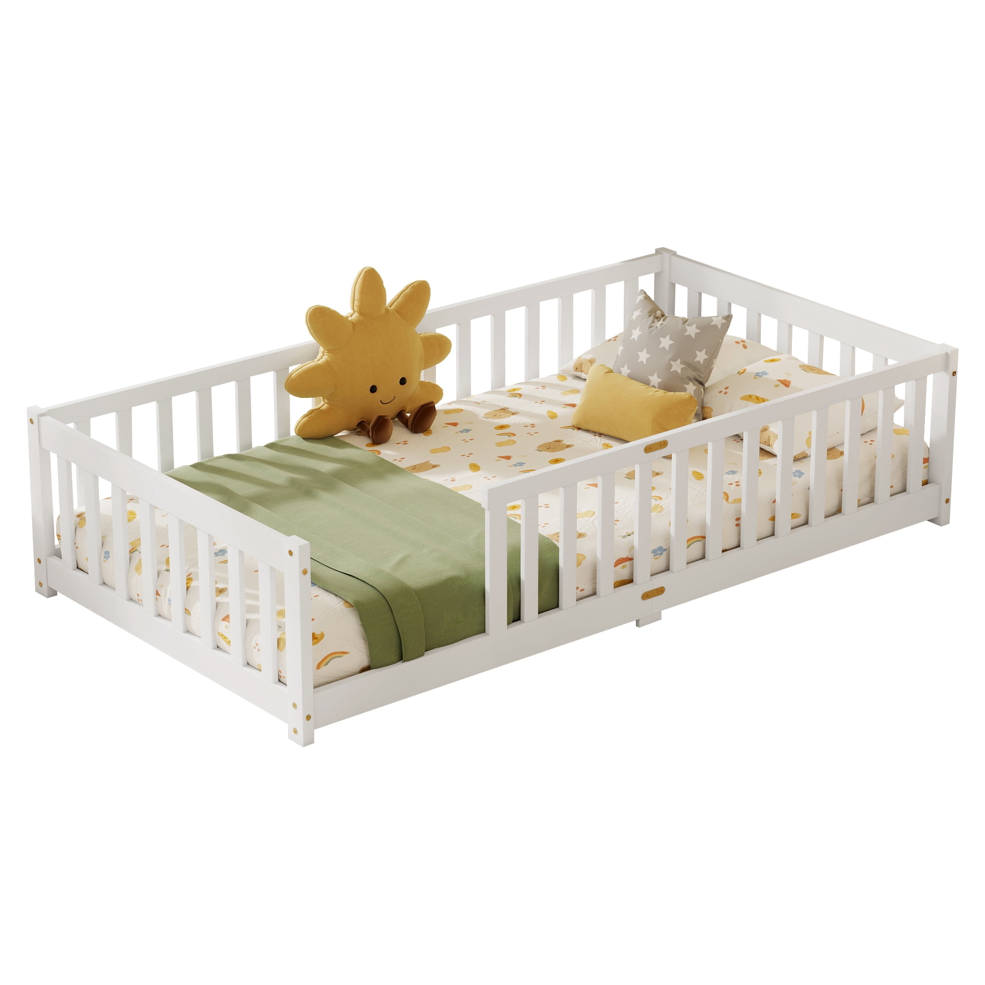 Alvantor Twin Size Floor Bed, Solid Wood Toddler Bed with Slat and Fence Guardrail, Montessori Floor Bed for Kids, Boys, Girls,White