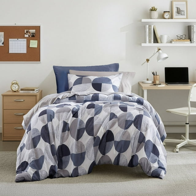 Regency Heights Ensemble de Douillette Format Simple, Ensemble de Lit 6 Pcs Simple, Ensemble de Literie à Imprimé Géométrique Rond avec Draps, Bleu Marine