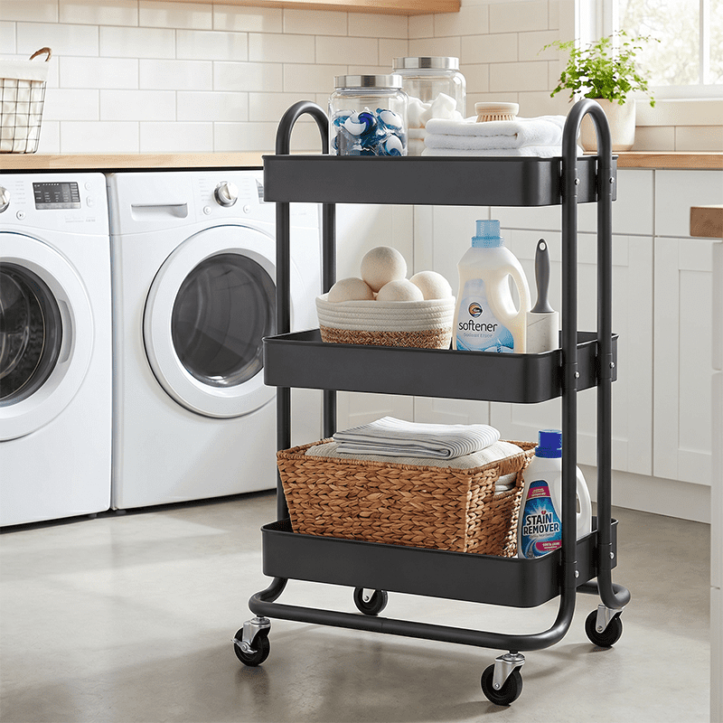 Fenbeli 3-Tier Metal Rolling Utility Cart with Wheels, black, 18"L x 13.4"W x 31"H