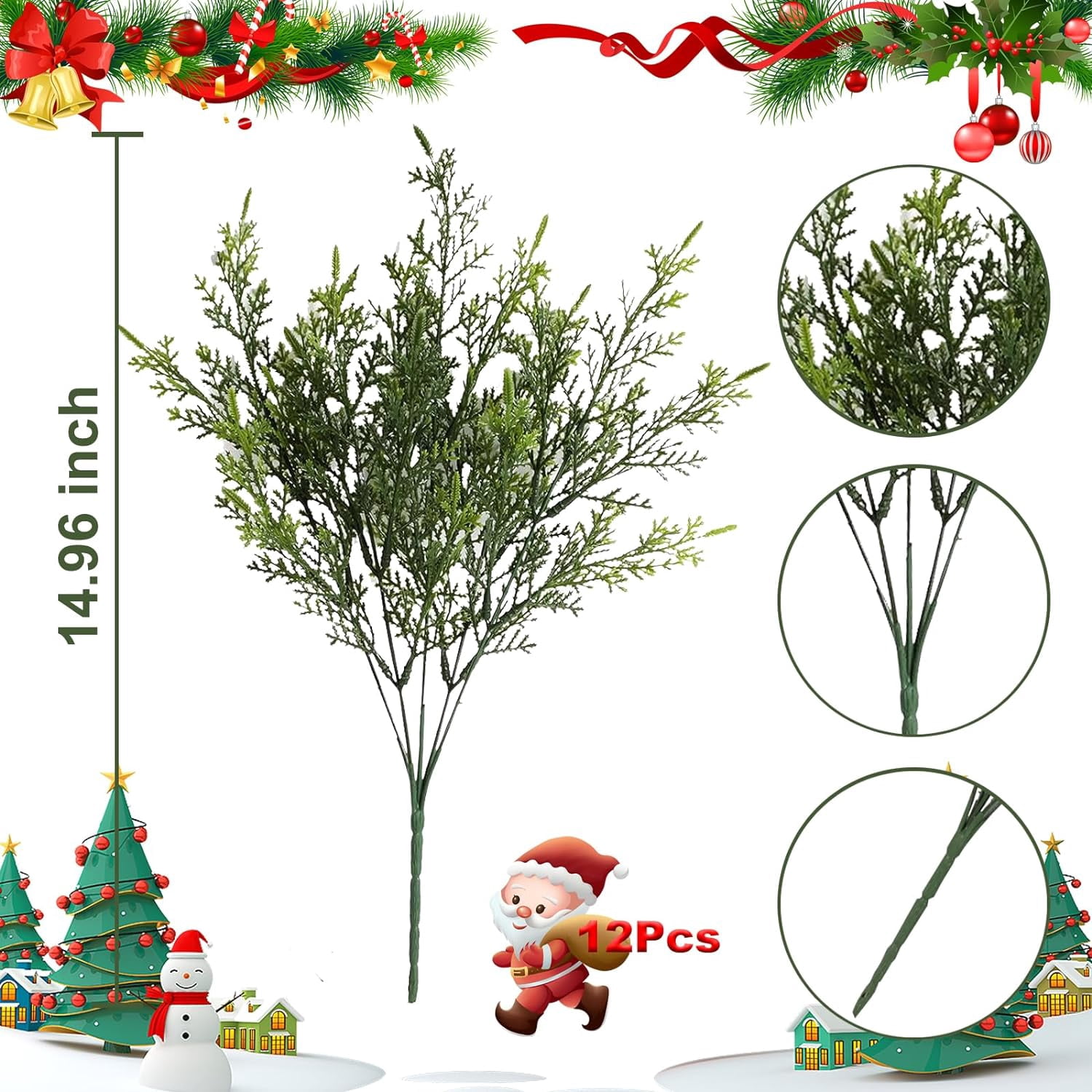 Nvzi Artificial Outdoor Plants 12 PCS Fake Cedar Plants Plastic Faux Pinetree Stems Greenery Shrubs UV Resistant Colorfast (Green)