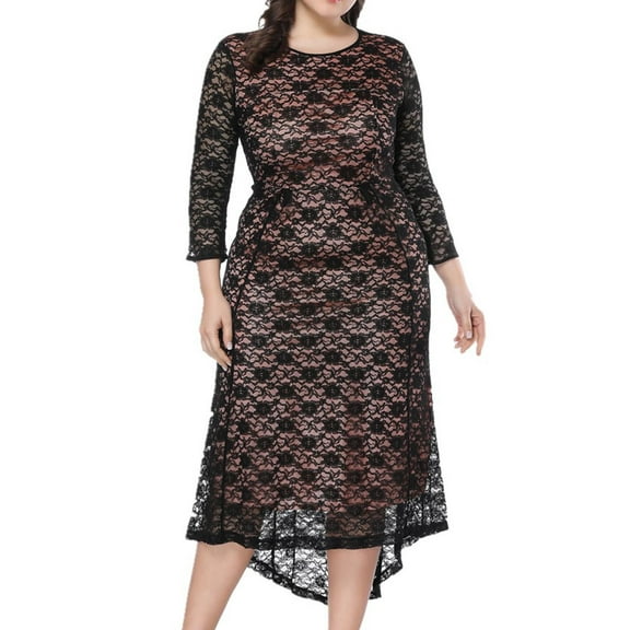 BangWanChi Black Dresses for Women Women's Fashion Hollow Out Lace Long Dress Evening Dress Party Dress