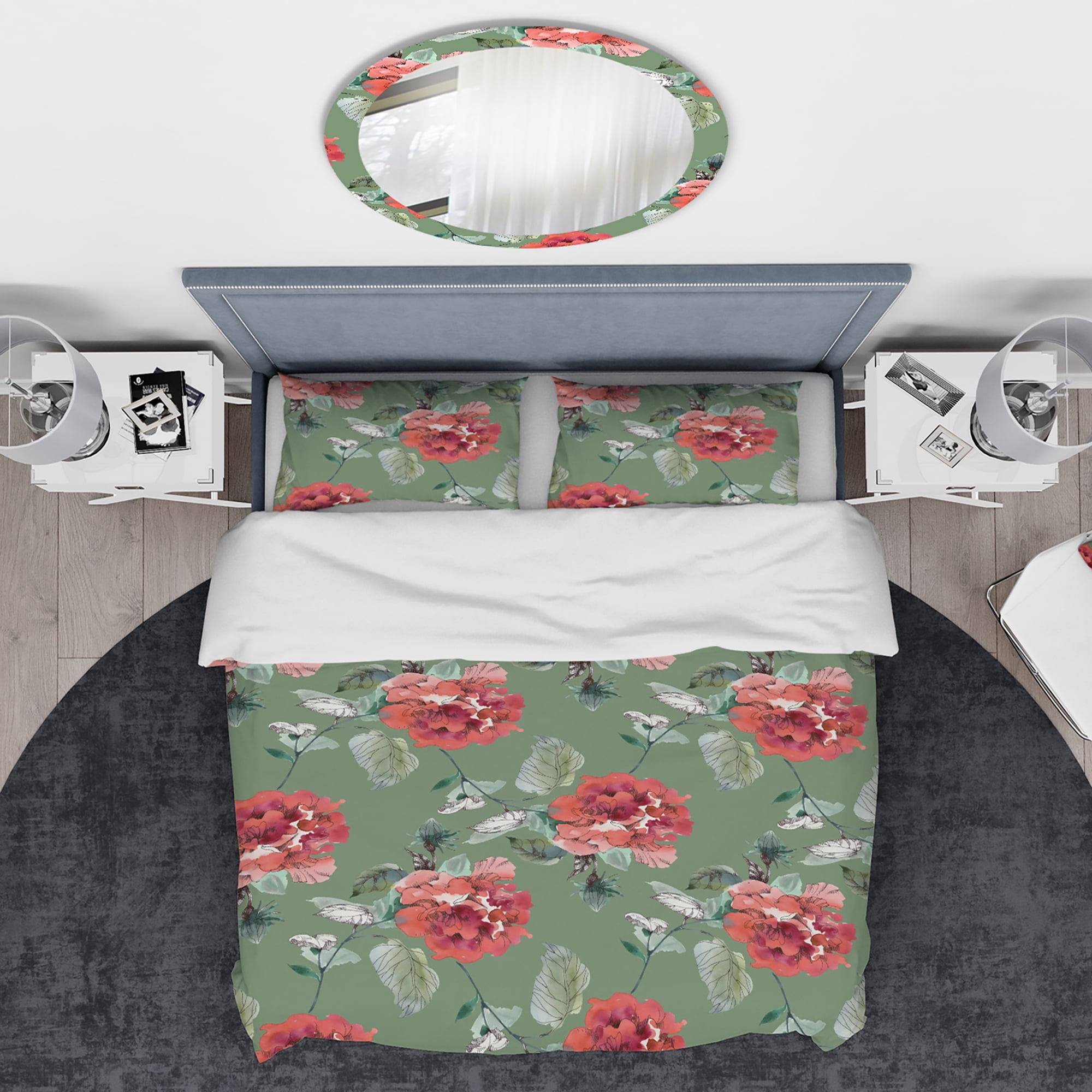Designart 'Red Flowers in Green Background' Traditional Duvet Cover Set