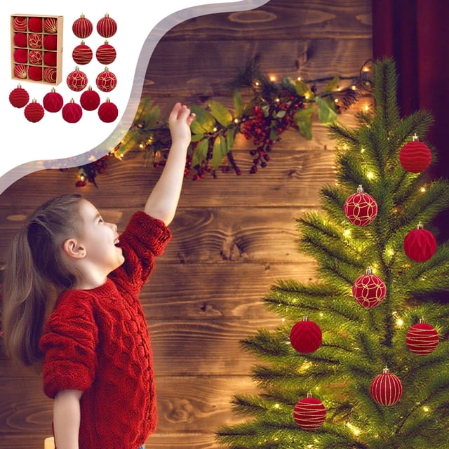 hengsof 12PCS/6CM Velvet Christmas Balls Ornaments Flocked Christmas Tree Hanging Balls Shatterproof Plastic Ornaments for Xmas Tree Home Holiday Party Decor