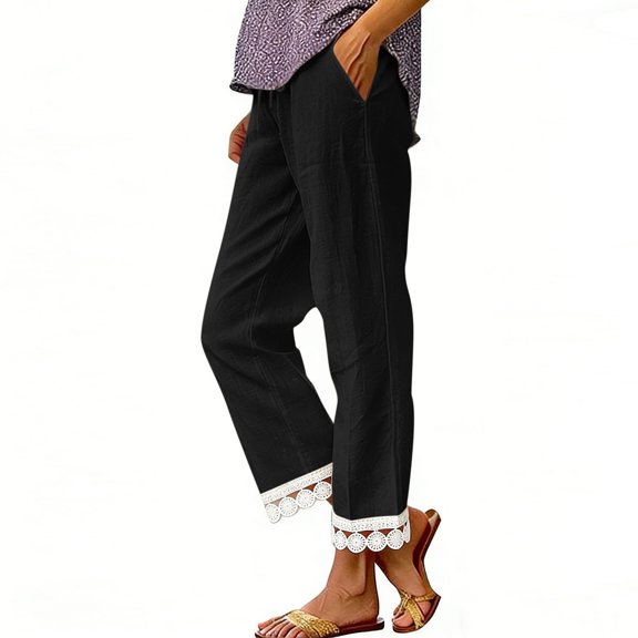 Cagogo Women Cotton Linen Straight Elastic Waist Pants with Pockets Solid Casual Ankle Trousers Lounge Work Beach Clothes, Black L