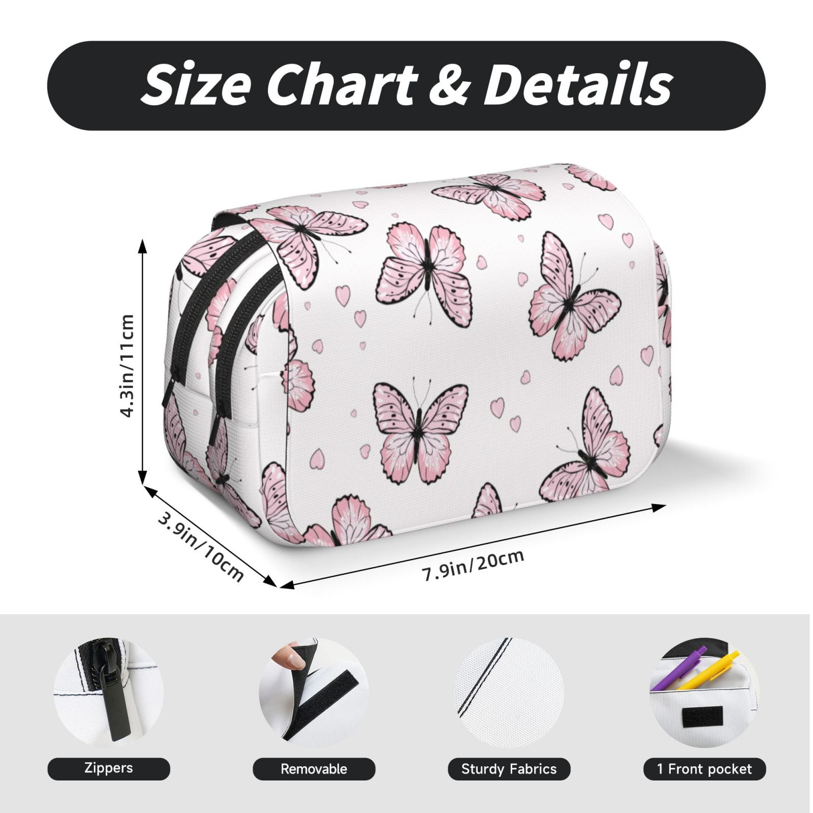Rateoe Butterflies (2) Pattern Double Clamshell Pen Case, Storage Organizer with Two Zipper Compartments– Holds Up to 50 Pencils & Pens