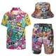 thumbnail image 3 of Conjunto deportivo de 2 piezas para hombre, estilo años 80 y 90, camisas con cuello en V y pantalones cortos estampados, con sombreros de pescador, traje de playa para Halloween y Navidad en verano, 3 of 5