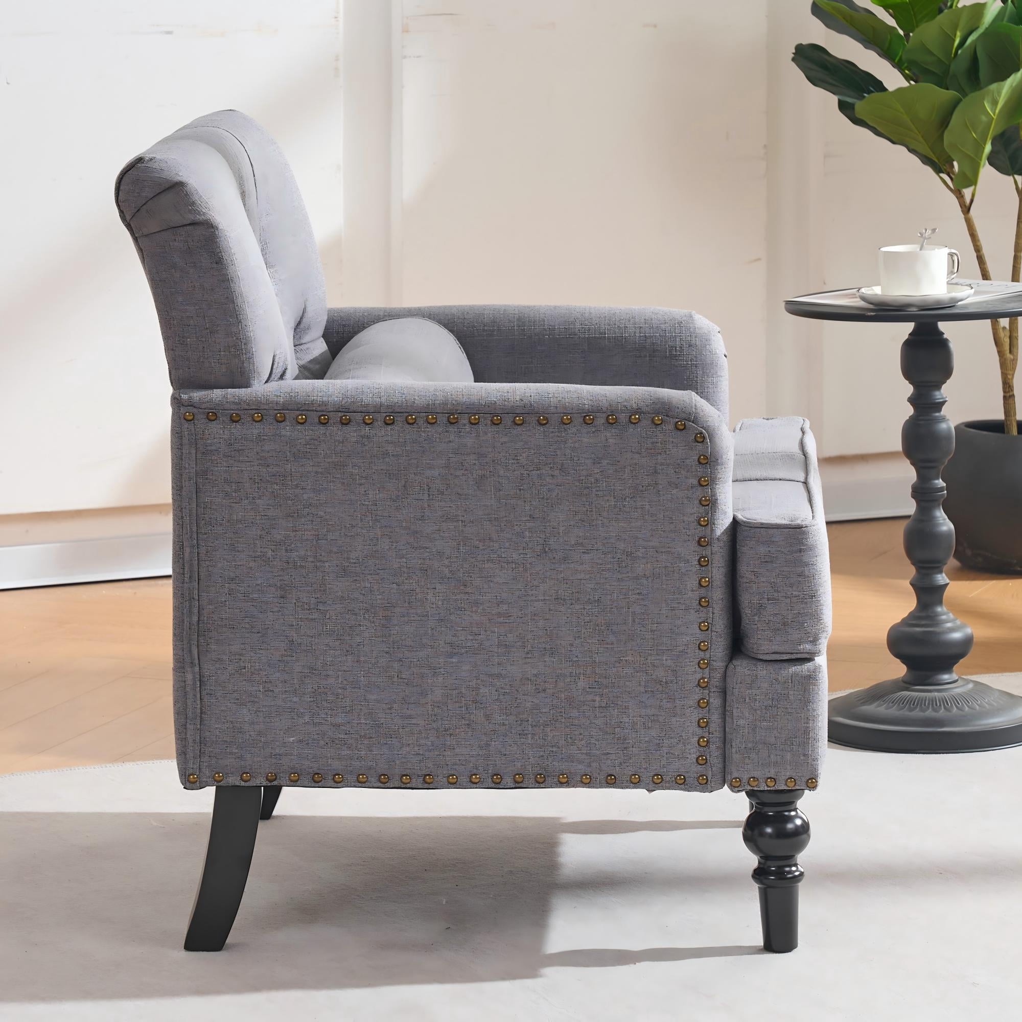 Aukfa Tufted Accent Chair, Mid Century Modern Linen Armchair with Nailhead Trim & Rubber Wood Legs for Small Spaces,Gray