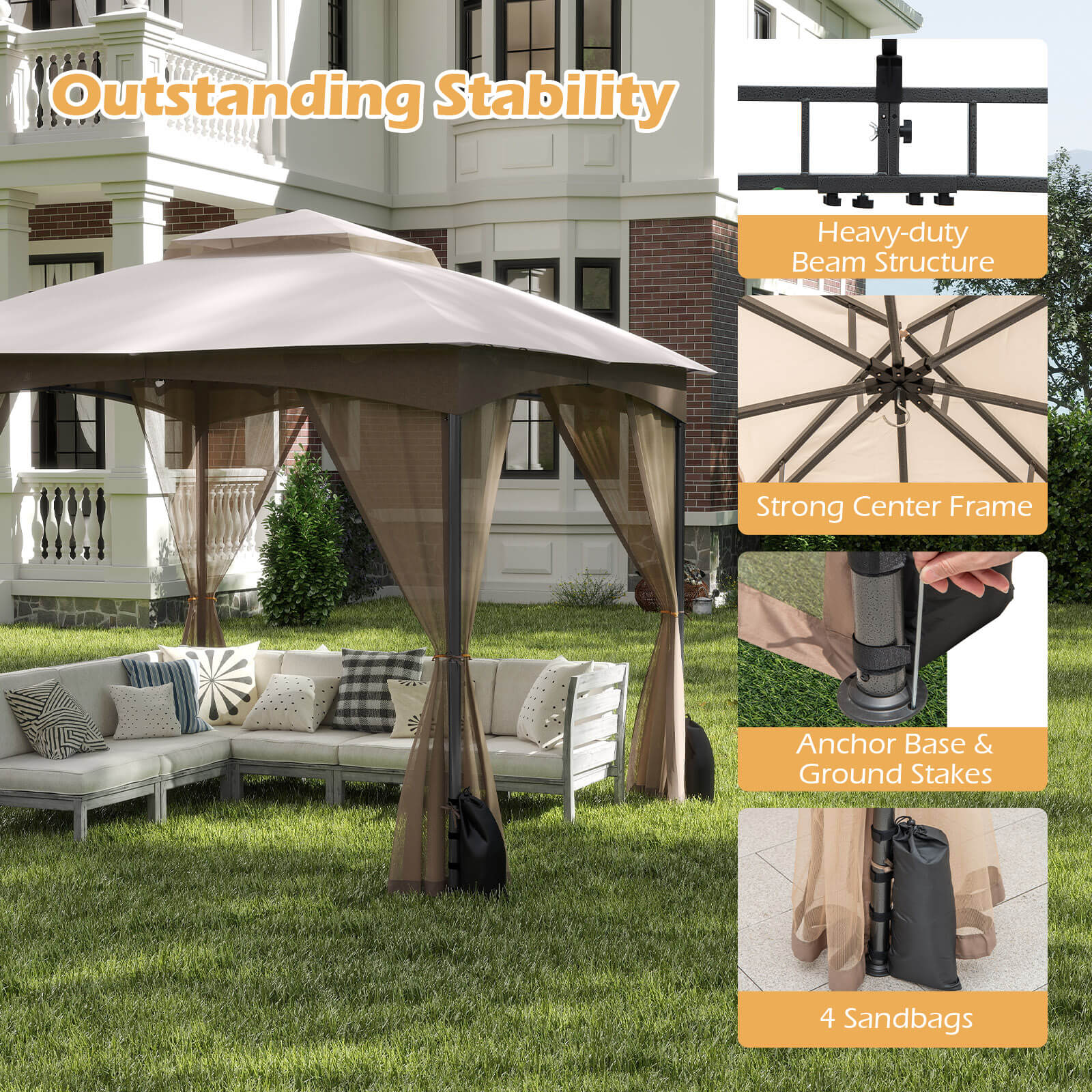 Costway 10x10 FT 2-Tier Patio Gazebo Canopy Netting Heavy-Duty Metal Easy-Setup Outdoor
