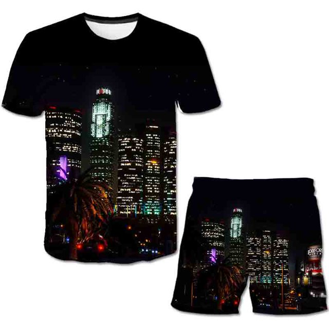 Grand Theft Auto Conjuntos de ropa Moda de verano Camisetas de dibujos animados Pantalones cortos Trajes de 2 piezas GTA5 Disfraces de cuello redondo Suits6T Gao Jinjia LED