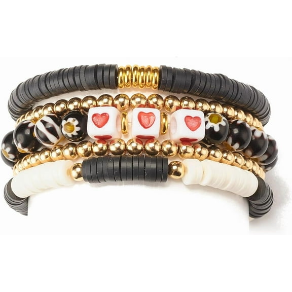 1set 5pcs 5 style Polymer Clay Heishi Beaded Stretch Bracelets set Handmade Millefiori Lampwork Bracelets with Heart for Women Black Inner Diameter: 2-1/4 inch(5.7cm)