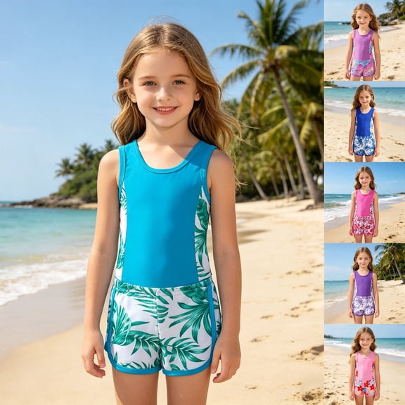 sususu Girls Swimsuit Two Piece Swimsuits with Boyshort Ruched Bathing Suit Floral Set Girls' Swimwear Sky Blue 8Y