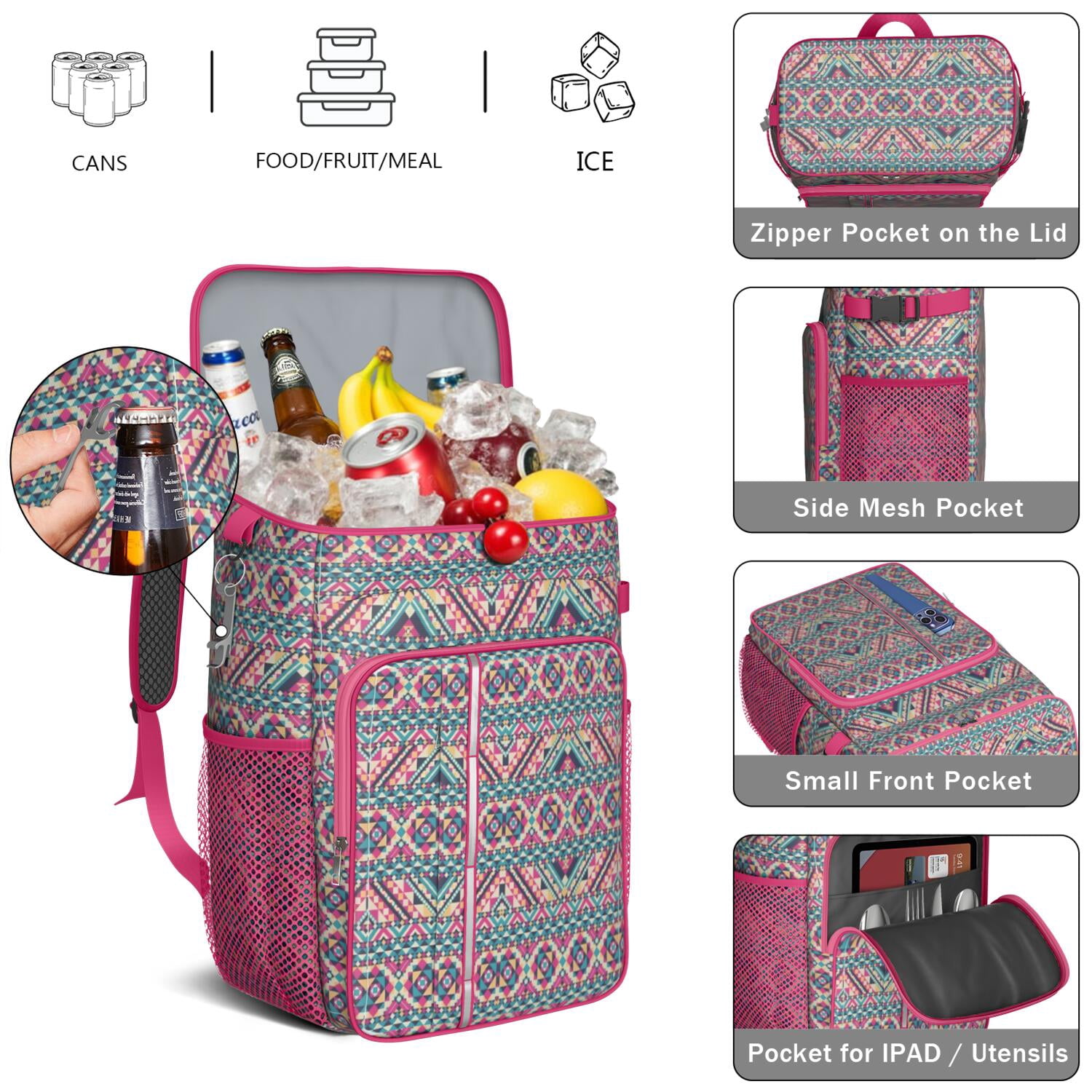 Travel Cooler Bag - Boho Bohemia Pioneer Flower Geometric Line Art Camping Beer Cooler Backpack with Bottle Opener- Waterproof Insulated Picnic Backpacks - Cooler Bag for Beach