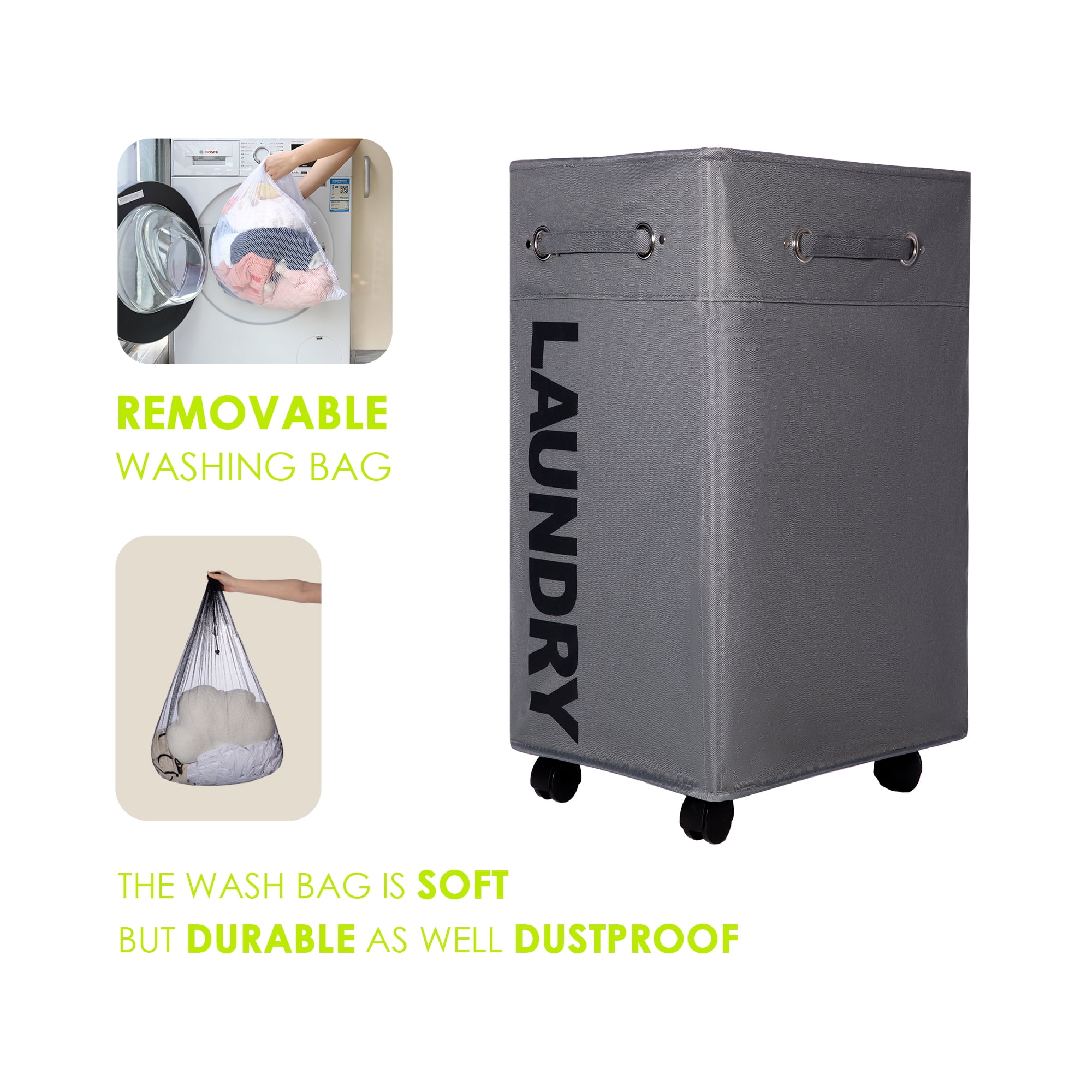 Caroeas 30'' Pro+ Extra Large Rolling Laundry Basket with wheels, Collapsible Laundry Hamper on Wheels Tall Thin Narrow Foldable Storage Bins for Corner, Gray