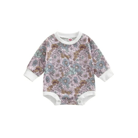 

Binwwede Baby Long Sleeve Romper Flower Printed Round Neck Patchwork Playsuit Casual Simple Style Short Jumpsuit