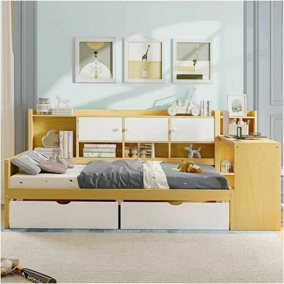JERFIT Wooden L-Shape Daybed with Seven Storage Cabinets and Two Storage Drawers Multi-functiona