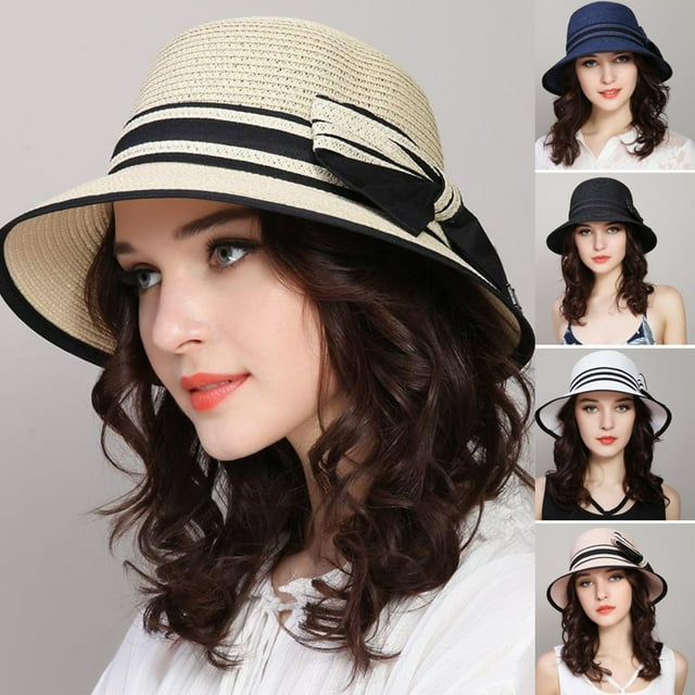 Neinkie Womens Straw Sun Hat Packable Summer UV Beach Sunhat UPF SPF 50 Packable Adjustable