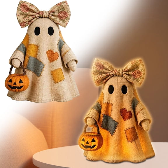 HONGLIN Halloween Decor, Lighted Patchwork Ghost LED Tabletop Figurine, Cute Farmhouse Fall Shelf Mantel Centerpiece Decoration