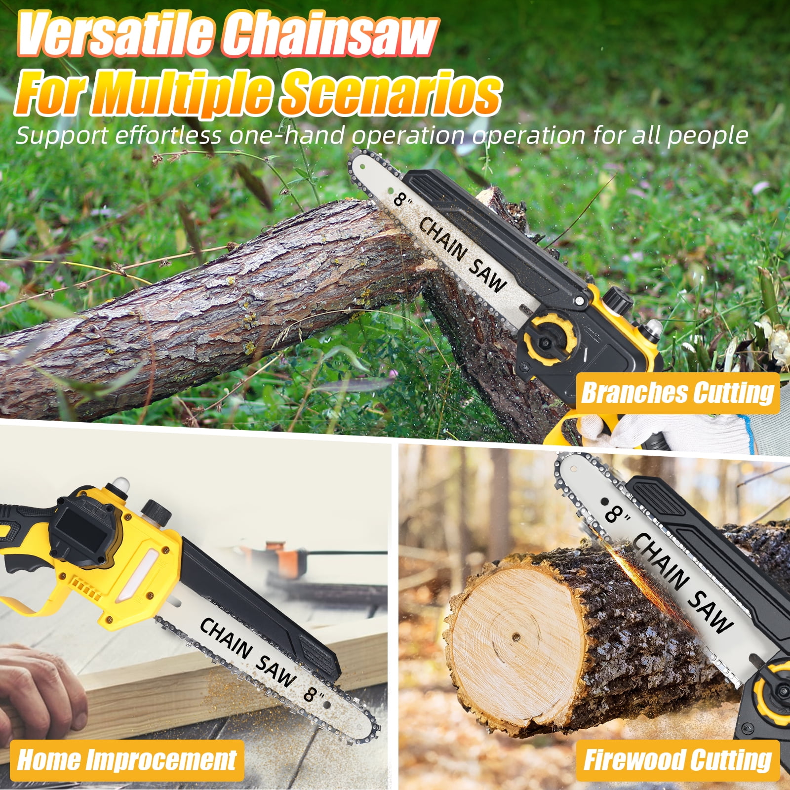Paddsun Mini Chainsaw Cordless, 8 inch 21V Electric Chainsaw Battery Powered, Handheld Mini Chain Saw with 2 Batteries and 2 Chains