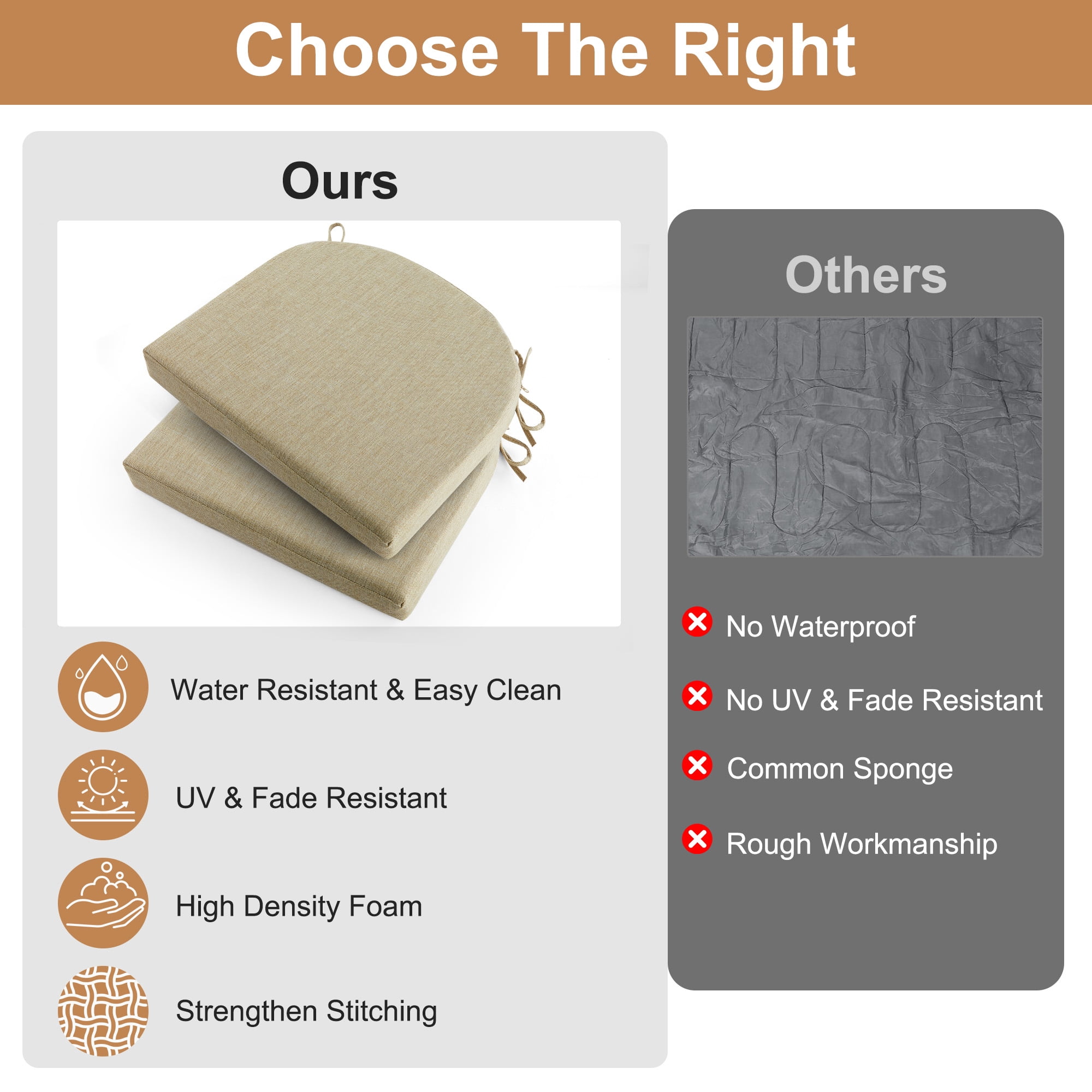 Panpaddle Outdoor Seat Pads Seat Cushions 4-Piece Solid Waterproof Patio Seat Chair Cushions 17"X16"X2" Rounded Square Patio Cushions, Beige, Set of 4