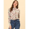 thumbnail image 2 of Camisa de manga larga Allegra K con cuello simulado volantes botones florales mujer blanco rojo S, 2 of 5