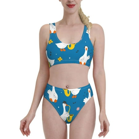 Bixox Cartoon Goose Pattern Two-Piece Sports Bikini with U-Shaped Top and High-Waist Bottom - Women s Swimwear with Removable Bra Pads