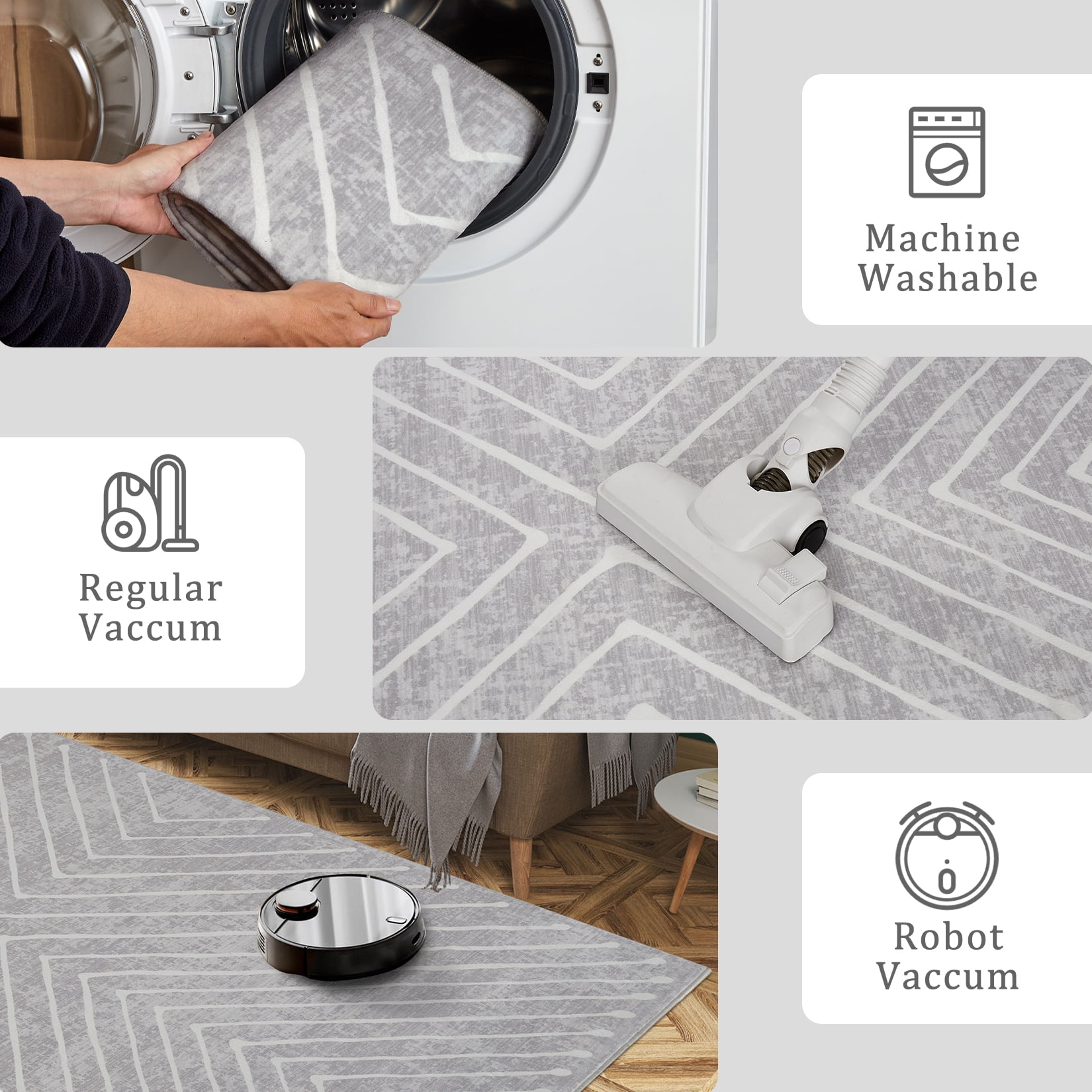 HIWEAVER Modern Geometric Striped Pet Friendly Area Rug for Living Room Washable 5' x 7' Neutral Indoor Decor Carpet, Light Gray