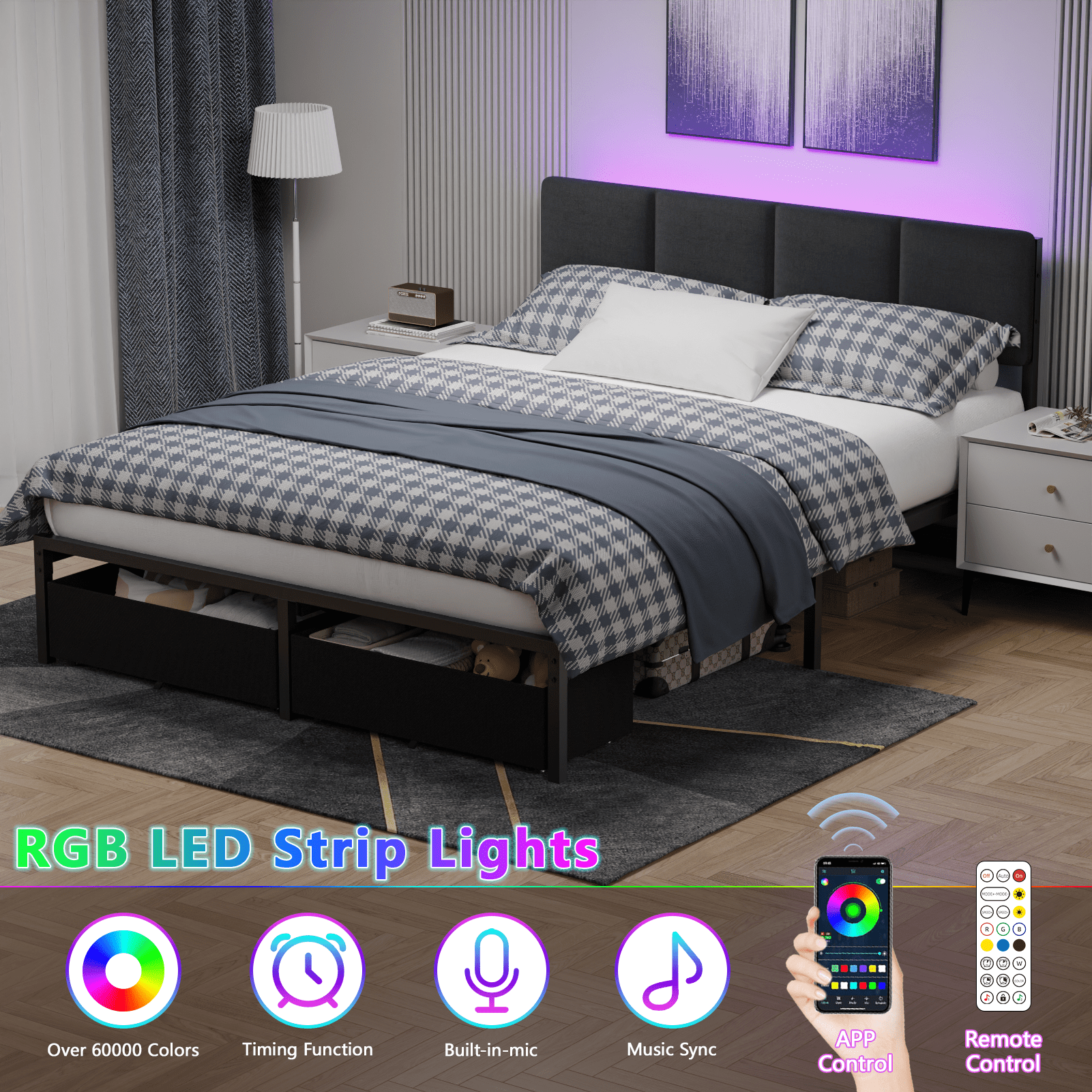 Tydimor Queen Upholstered Sturdy Metal Bed Frame with LED Lights, 2 Storage Drawers & Charging Station
