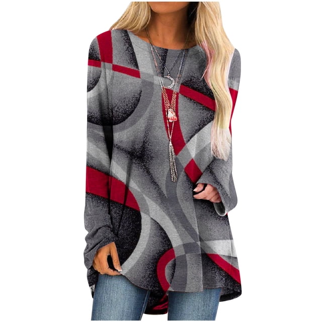 IROINID Savings Womens Long Sleeve Tops Lounge Socket Geometry Printed Round-Neck Tops,Red