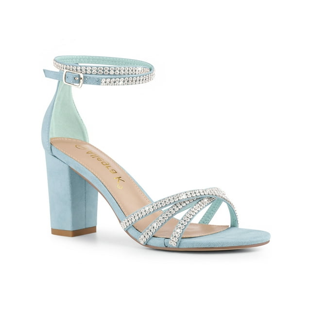 BLISSFUL STEP Inspired Women's Shoes Rhinestone Crisscross Strappy Block Heel Faux Suede Ankle Buckle Sandals SkyBlue 7