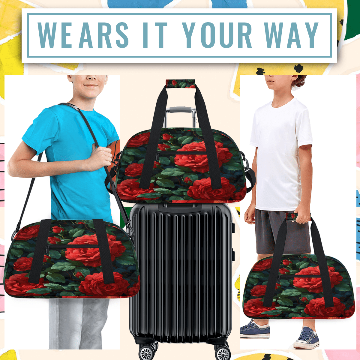 Herdesigns Red Rose Sports Duffle Bag for Women & Men, Red Floral Flower Gym Bag Dance Bag Overnight Bag Carry On Weekender Travel Bag