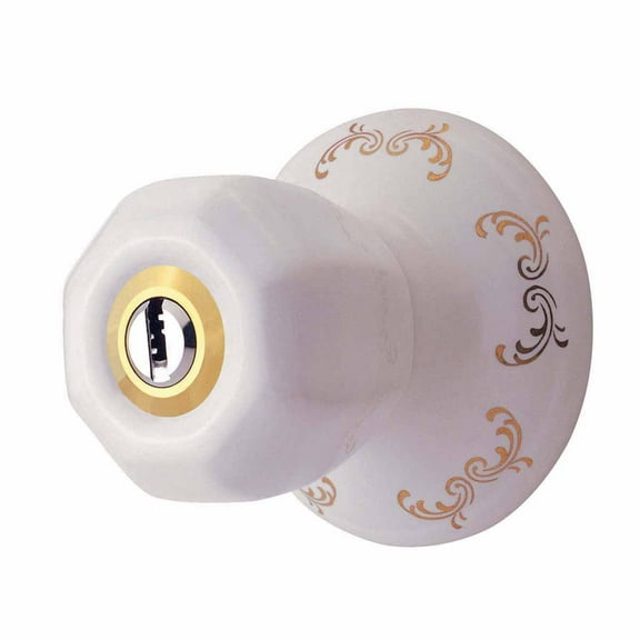 Renovators Supply Porcelain Door Lock 2 in Adjustable Backset White and Gold Hexagonal Door Knob w/Lock