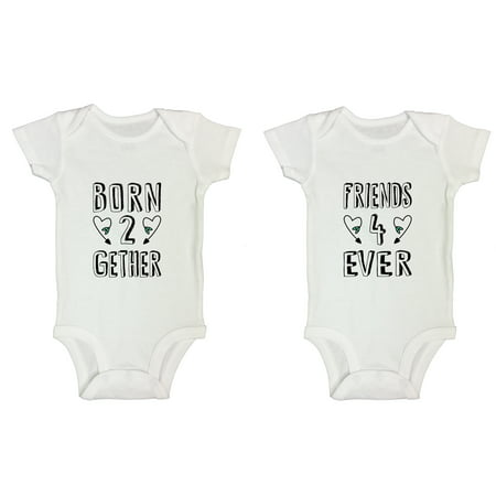 Twin Outfit Onesie Shirt Set 2 Boy or Girl “Born 2 Gether“ & “Friends 4 Ever” Funny Threadz 6-9 Months, White