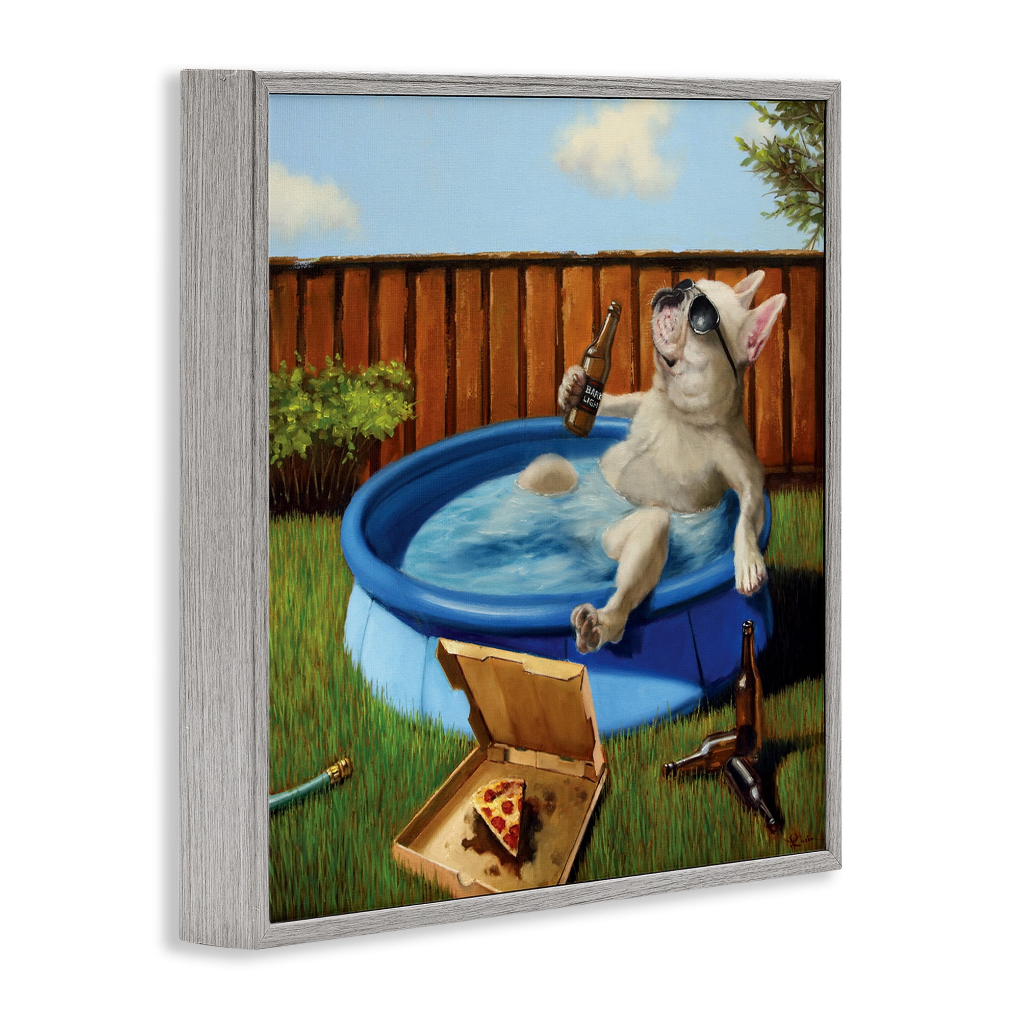 Stupell Industries Dog Drinking in Summer Pool Animals & Insects Painting Gray Framed Art Print Wall Art, 17 x 17