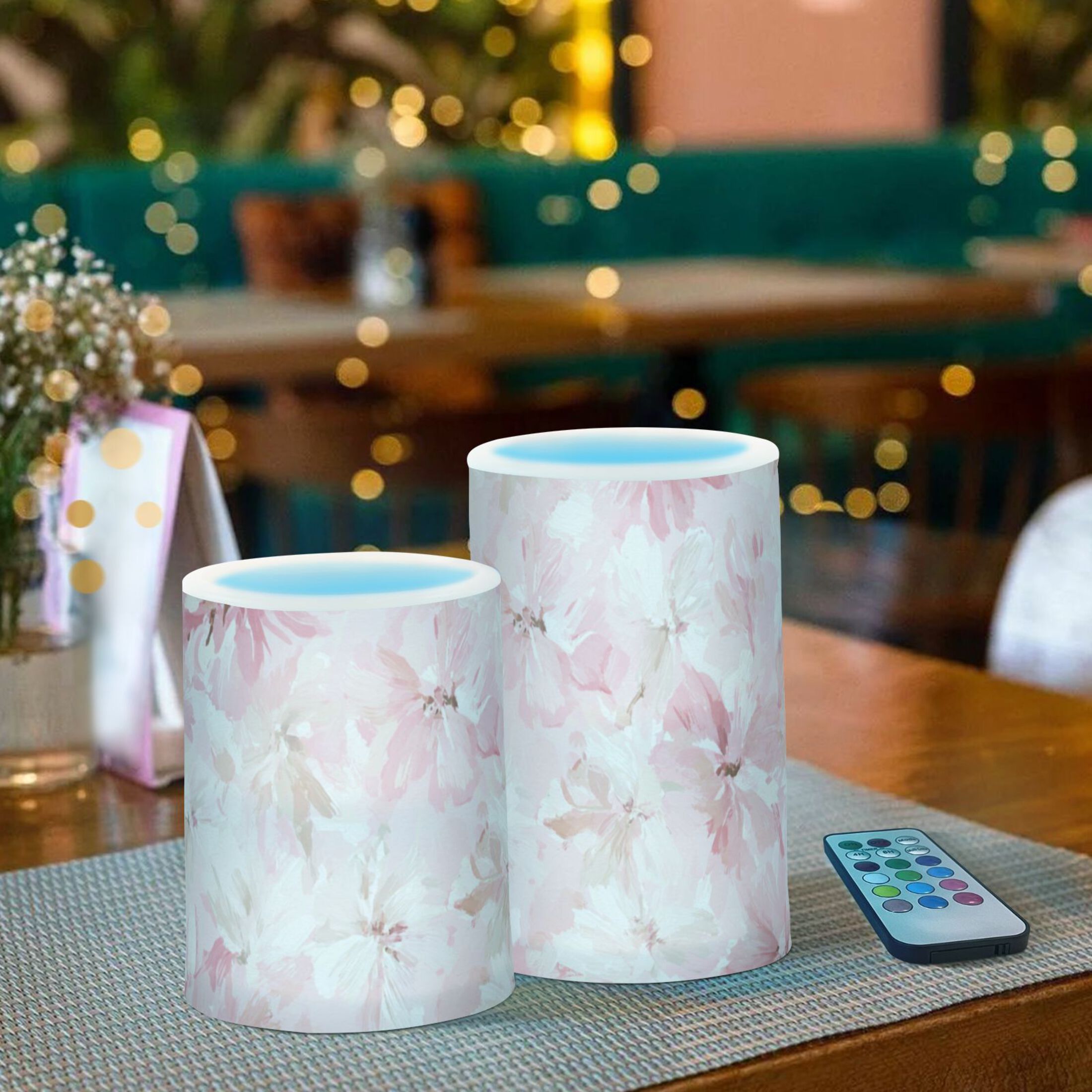 Pink Blossoms Bows Flickering Flameless Candles LED Tealight Battery Operated with Remote Set of 2 Holiday Decor Ornaments