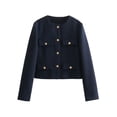 thumbnail image 3 of Womens Cropped Blazer Jacket Collarless Button Down Business Casual Fall Outfits Winter Coats Navy Blue S, 3 of 9