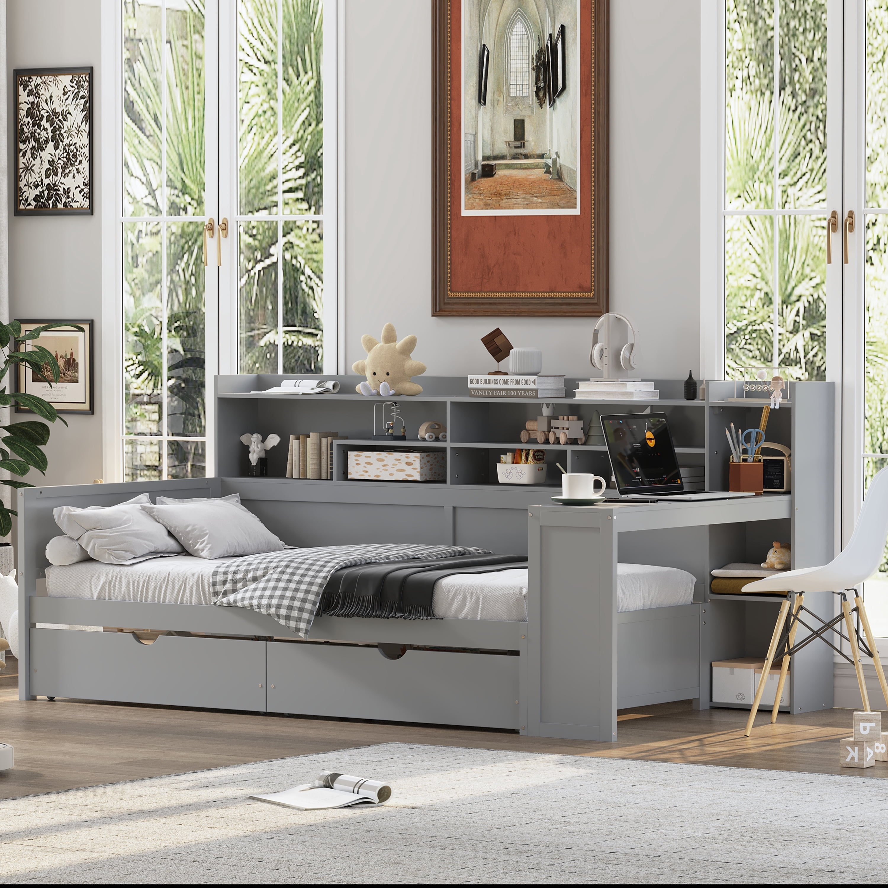 Euroco Wood Twin Size Daybed with Storage Shelves Drawers and Desk, Gray