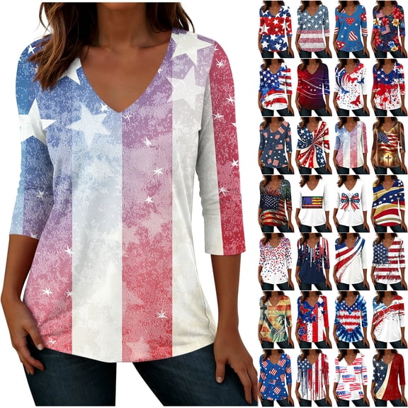 JTZGDY 4th of July Tops for Women Fashion USA Flag Printed Summer 3/4 Sleeve V Neck Graphic Tunic Blouse Loose Fit Casual Holiday Patriotic Shirts Navy#03 XXL