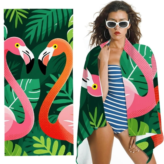 RKSupls Watercolor Flamingo Tropical Green Pink Oversized Microfiber Beach Towel - Ultra-Soft Microfiber, for Bathroom, beach
