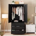 thumbnail image 2 of Modern Armoire Wardrobe Closet with 3 Drawers & 2 Doors, Tall Standing Wooden Cabinet for Hanging Clothes, Heavy Duty Storage, Black, 2 of 7