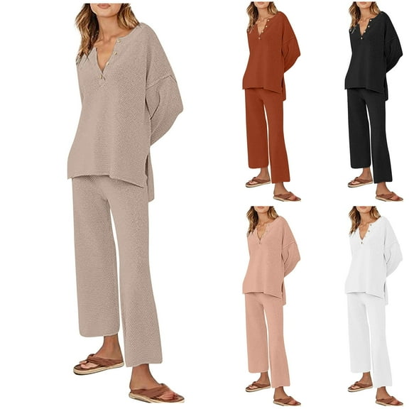 Lovzfmll Women's Lounge Set, 2-Piece Button-Down Long Sleeve Shirt & Pants, Loose Fit Loungewear Matching Set