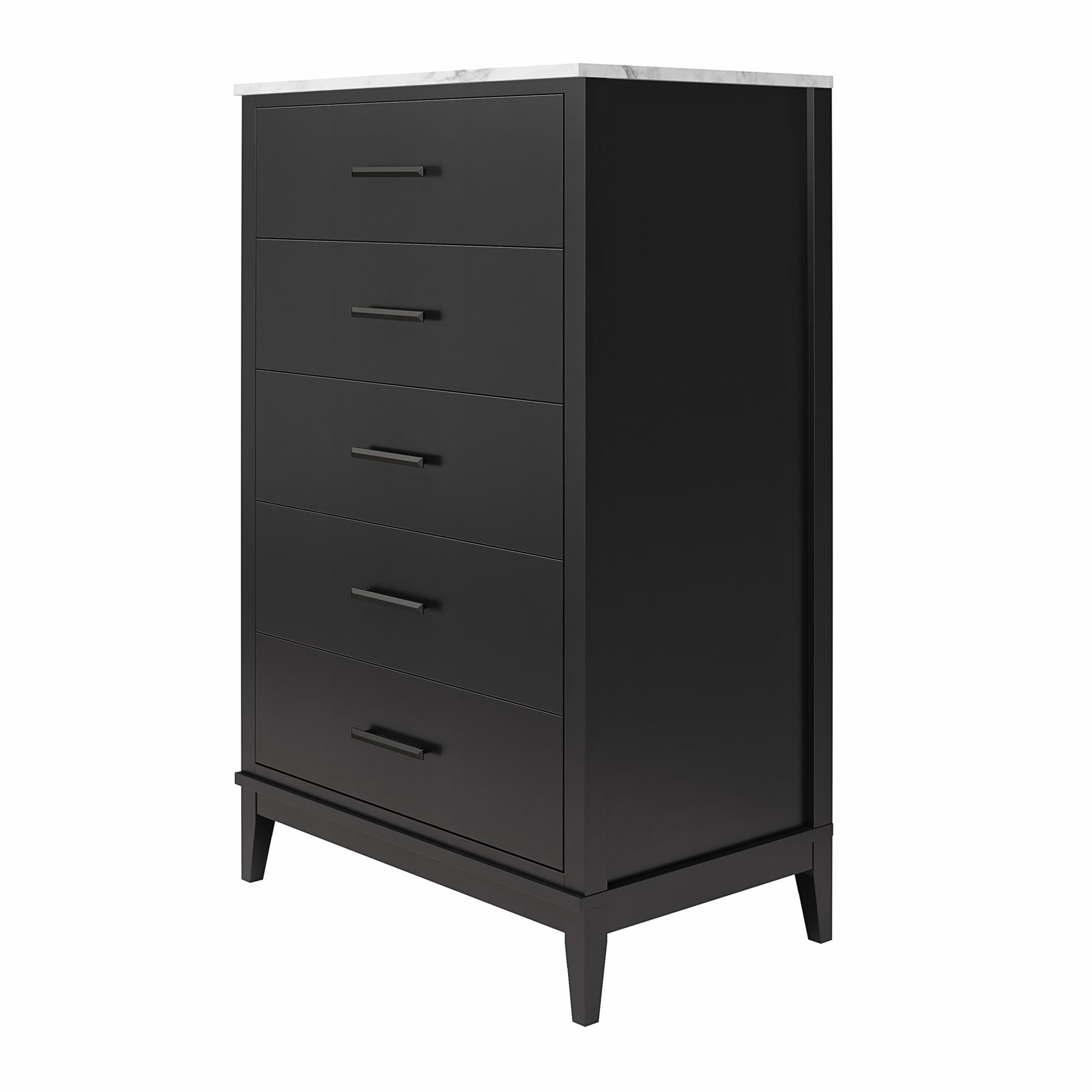 Ameriwood Home Amberleigh Tall 5 Drawer Dresser, Black w/ White Faux Marble Top