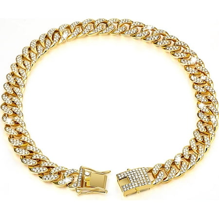 Creative Dog Chain Diamond Cuban Collar Walking Metal Chain Collar with Design Secure Buckle  Pet Cuban Collar Jewelry Accessories for Small Medium Large Dogs Cats  Gold  22 Inch