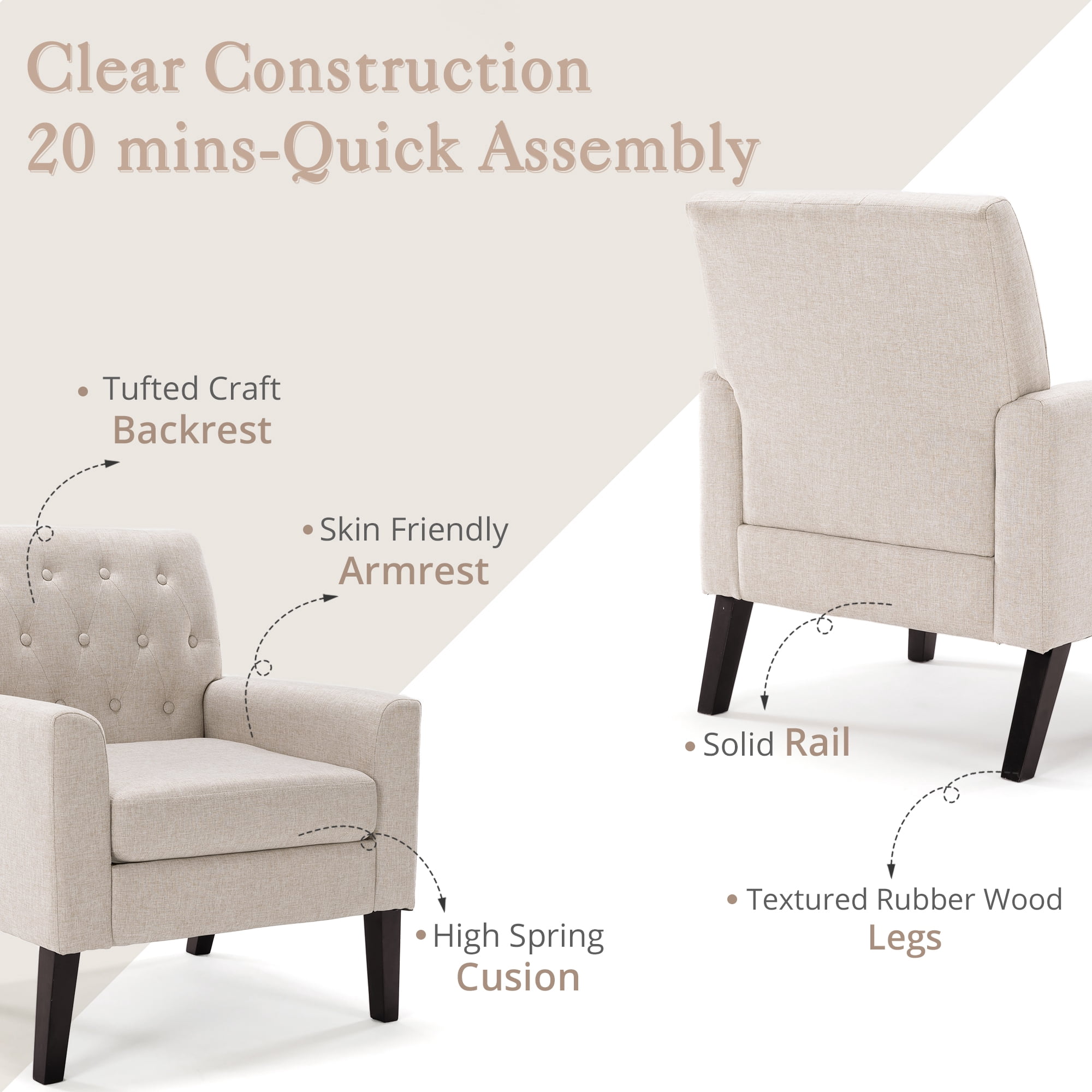 Dycanpo 18.5"H Linen Accent Chairs Armchairs Set of 2, Upholstered for Home Bedroom, Linen Color