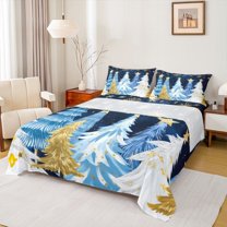 Feelyou Blue Xmas Tree Queen Sheet Sets for Child, Gold Christmas Stars Flat Sheet, Fashion Watercolor Queen Fitted Sheet, Ultra Soft Bedroom Decor, 4-Piece