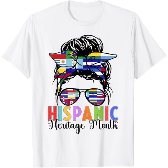 t-shirt Hispanic Heritage Month messy bun all Countries Flags women T-Shirt