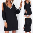 thumbnail image 2 of Outfmvch Wedding Guest Dresses for Women Black Dress Cocktail Dresses for Women Little Black Dress Solid Color Active Fit Above-the-knee Long Sleeve Lightweight Round Neck Black S, 2 of 9