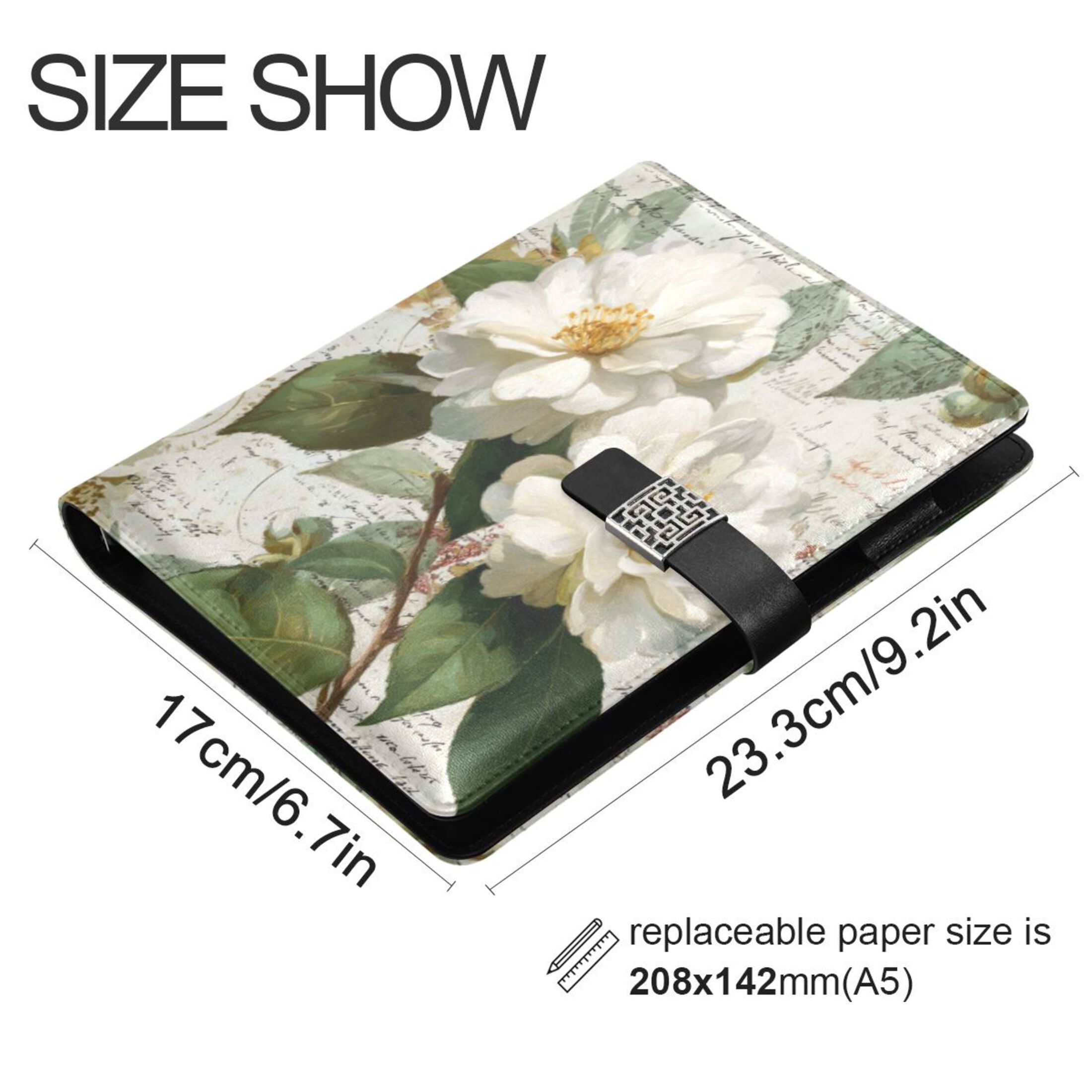 9.2x6.7 inch Leather Notebook 100 Sheets, Multi-Pocket Design & Pen Loop Vintage White Camellias Refillable Journal Organizer