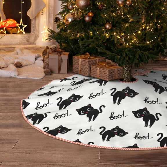 Halloween Christmas Tree Skirt - Cute Cartoon Cat Black 30 Inches Christmas Tree Skirt for Halloween Holiday Indoor Home Christmas Tree Decorations with Three Ribbons