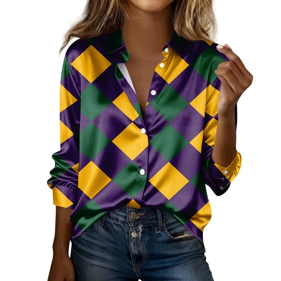 Women’s Mardi Gras Shirt 2026, Long Sleeve Button Down Striped Collar Shirt, Carnival Party Outfit for Women