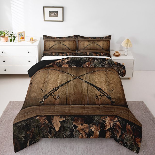Camouflage Fishing Bedding Set Toddler Fishing Line Rod Comforter Set Rustic Farmhouse Tree Branch Camo Quilt Bedding For Kids Adults Cabin Lodge Bed Comforter Set Soft Lightweight 2 Pcs